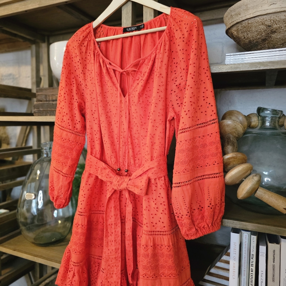 Lauren Ralph Lauren Red Eyelet Mini Dress Broderie Anglaise Belted Sz 10 - Picture 9 of 15